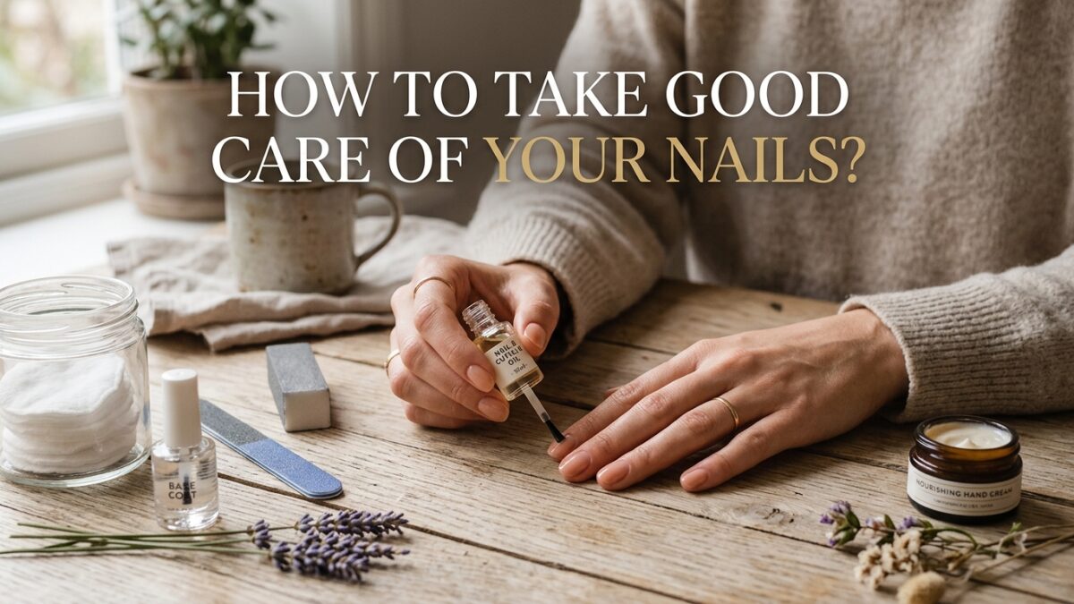 Woman applying cuticle oil during a home nail care routine, featuring natural nail care essentials like hand cream and base coat on a wooden table.