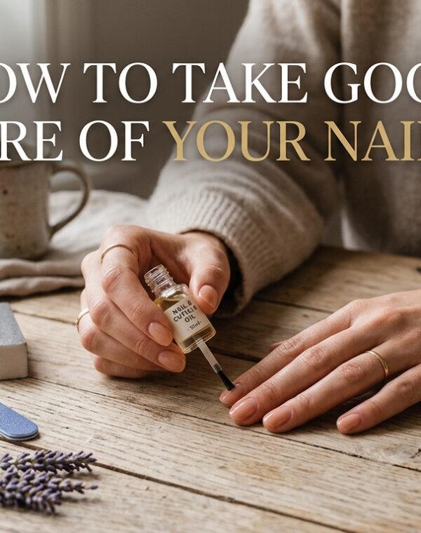 Woman applying cuticle oil during a home nail care routine, featuring natural nail care essentials like hand cream and base coat on a wooden table.