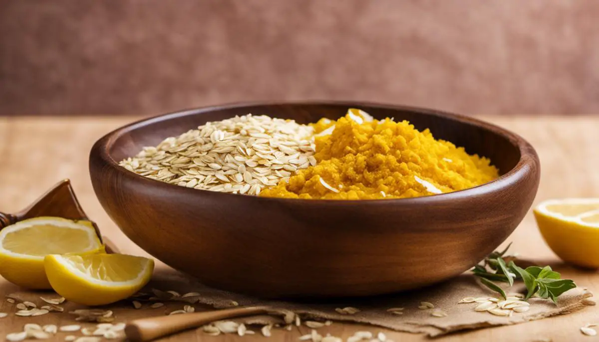 Bowl filled with natural ingredients such as honey, oatmeal, tea tree oil, turmeric, and lemons, which are beneficial for acne-prone skin.