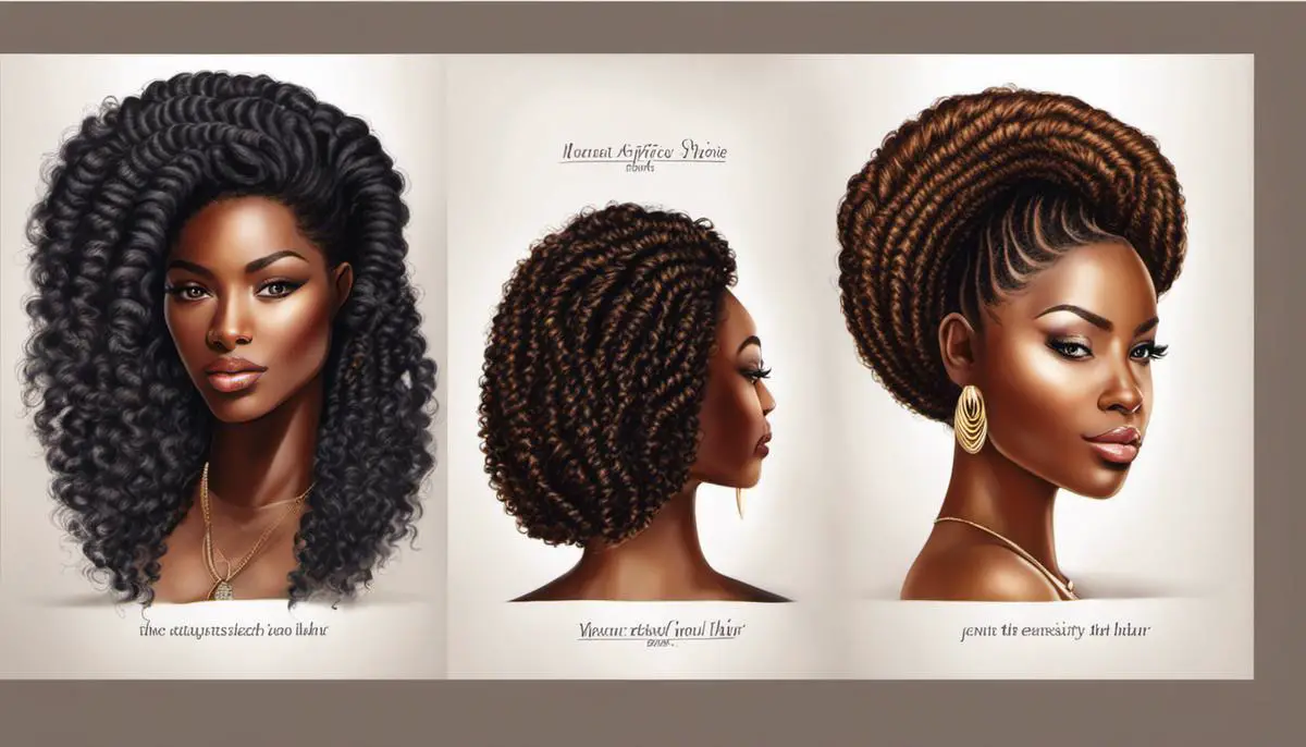 Illustration of the characteristics of natural African hair, showing the spiral pattern and density of the hair.