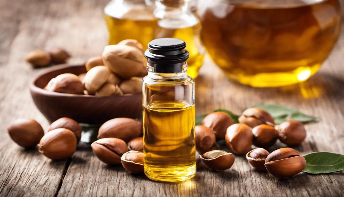 A bottle of argan oil next to a collection of argan nuts, symbolizing the natural origin of the product and its benefits for hair care.