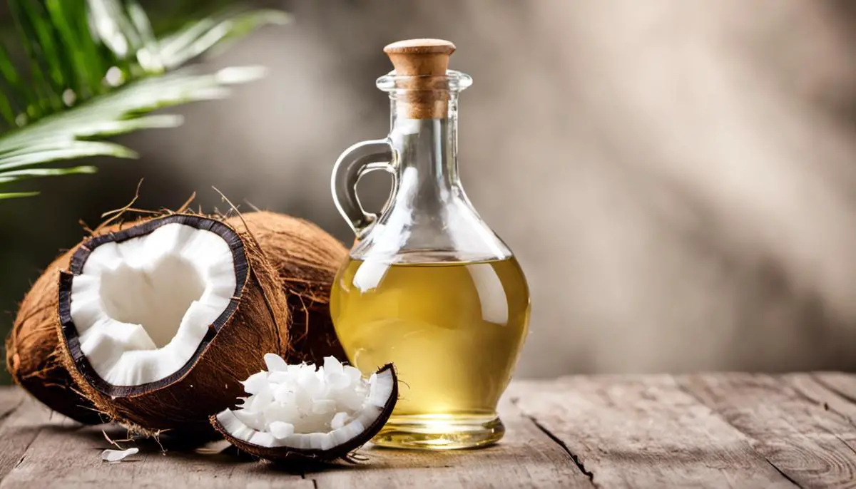 A close-up image of a coconut and a bottle of coconut oil, representing the benefits of coconut oil for hair care.