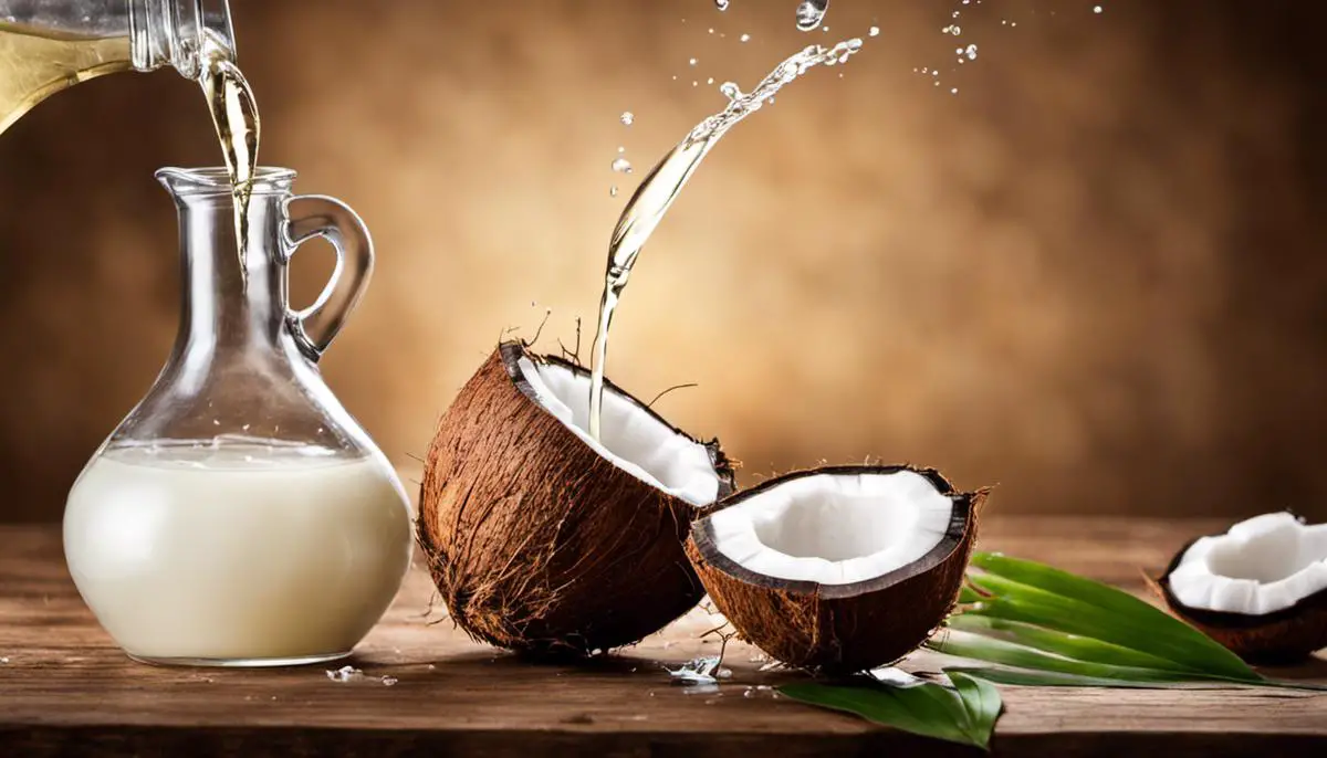 Coconut oil being poured into a bottle with a coconut in the background