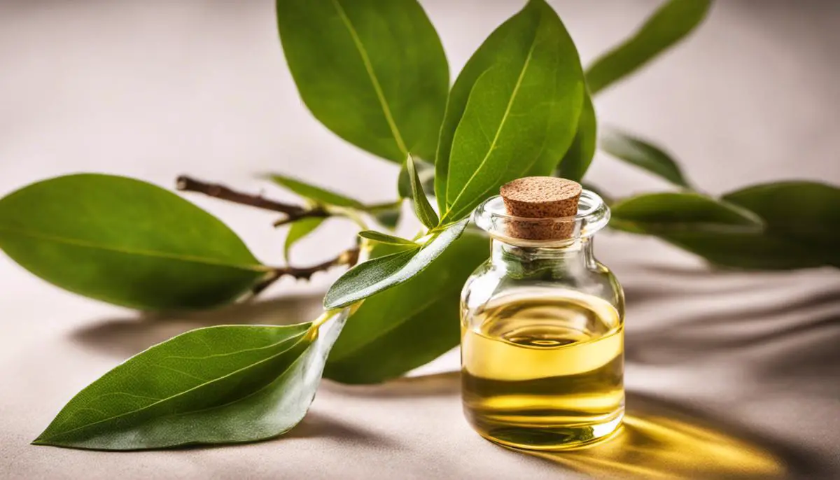 A picture of a bottle of jojoba oil with a sprig of leaves next to it, representing the benefits and natural origin of jojoba oil in hair care.