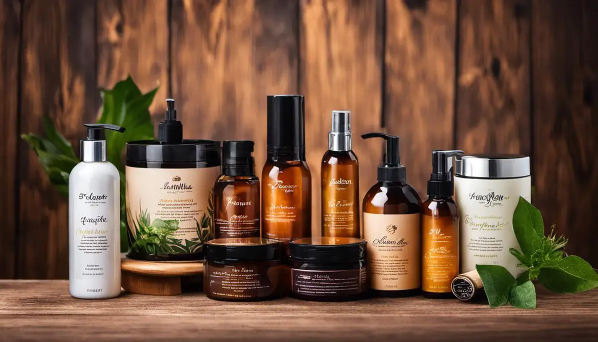 Image of different natural hair products lined up on a wooden table.