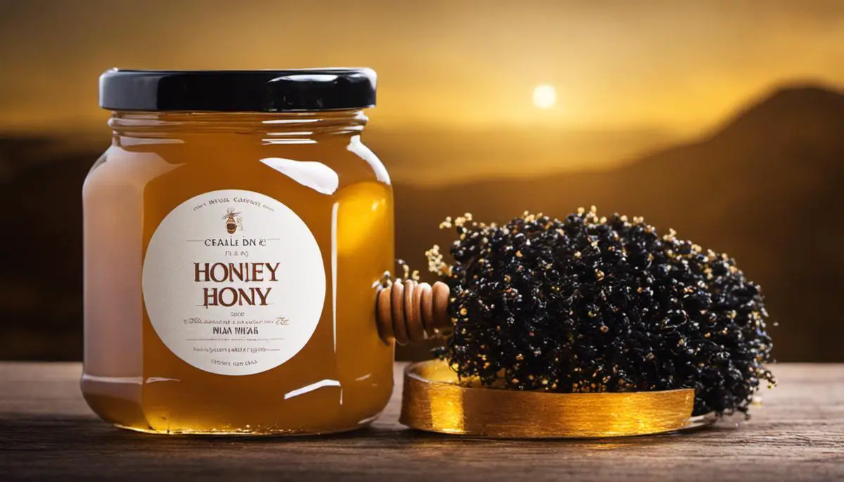 A jar of raw honey next to a strand of black hair.