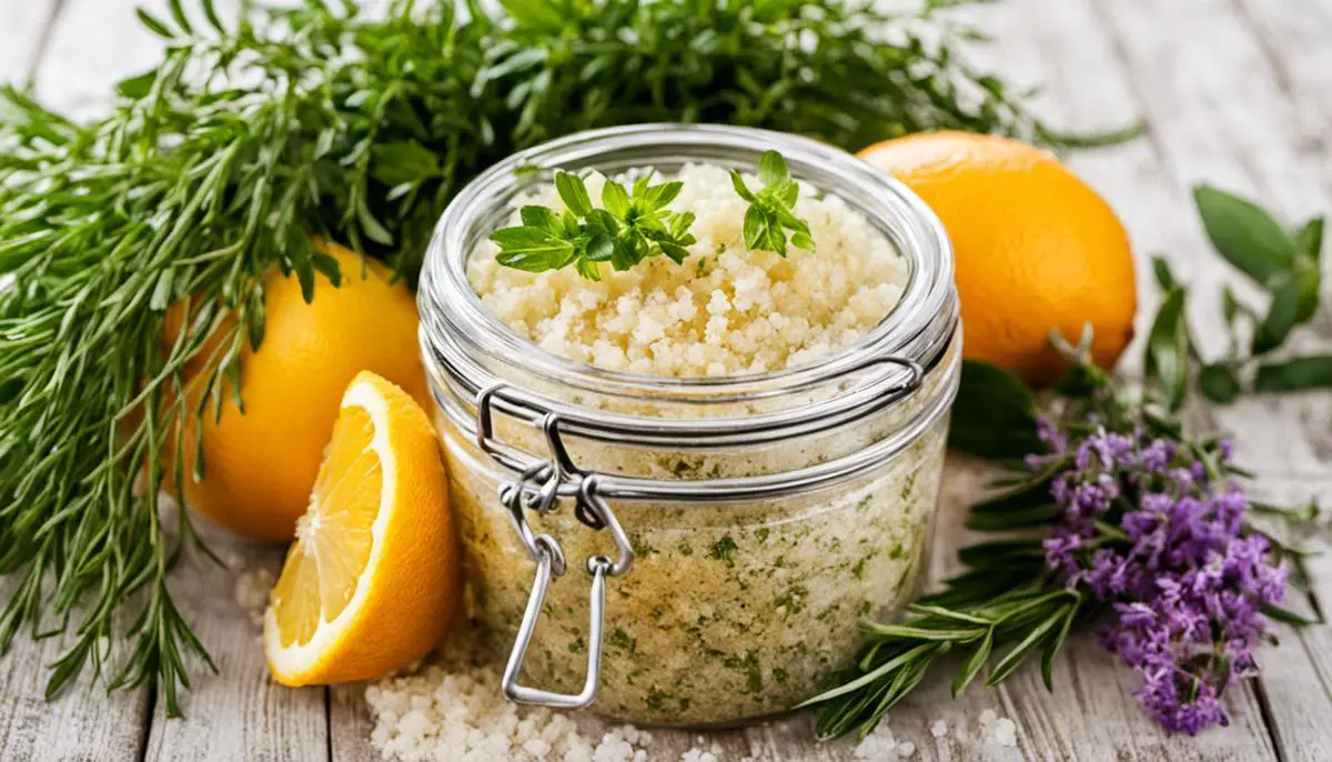 A jar of homemade salt scrub with fresh herbs and citrus, representing the safety measures and storage tips for using salt scrubs.