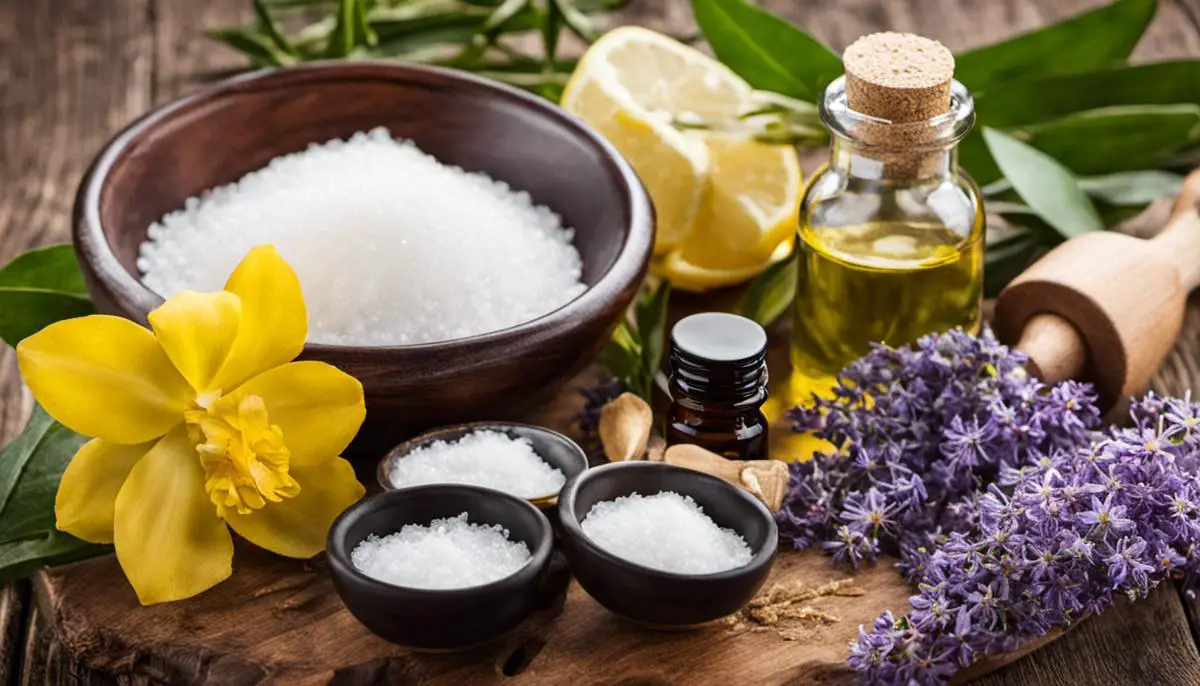 Image of the ingredients needed for making a homemade salt scrub, including salt, carrier oil, and essential oils.